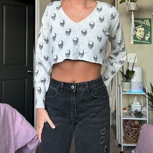 vintage skull graphic emo cropped cashmere sweater